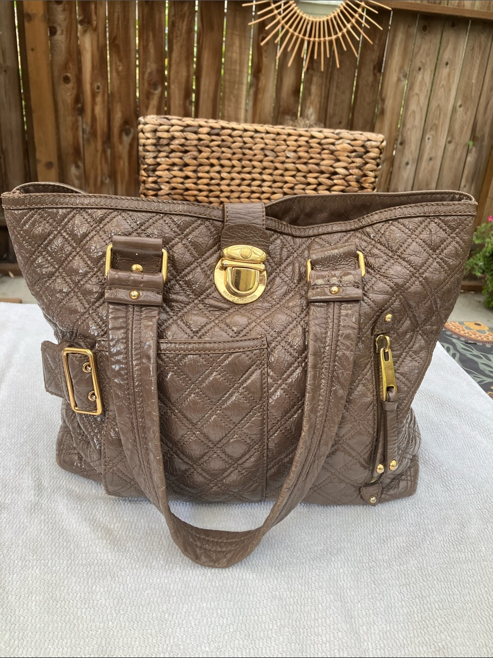 Marc Jacobs Made in Italy Mocha Brown Quilted Tote with gold buckle